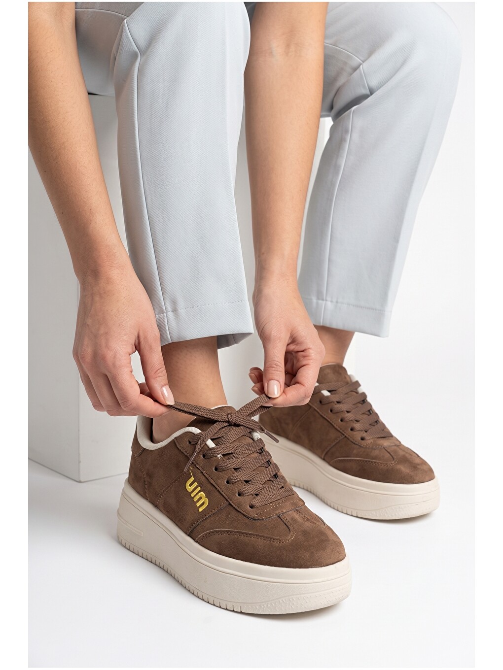 Kahverengi Kadın, Süet Doku, Kalın Taban, Bağcıklı, Günlük Sneaker Ayakkabı-7