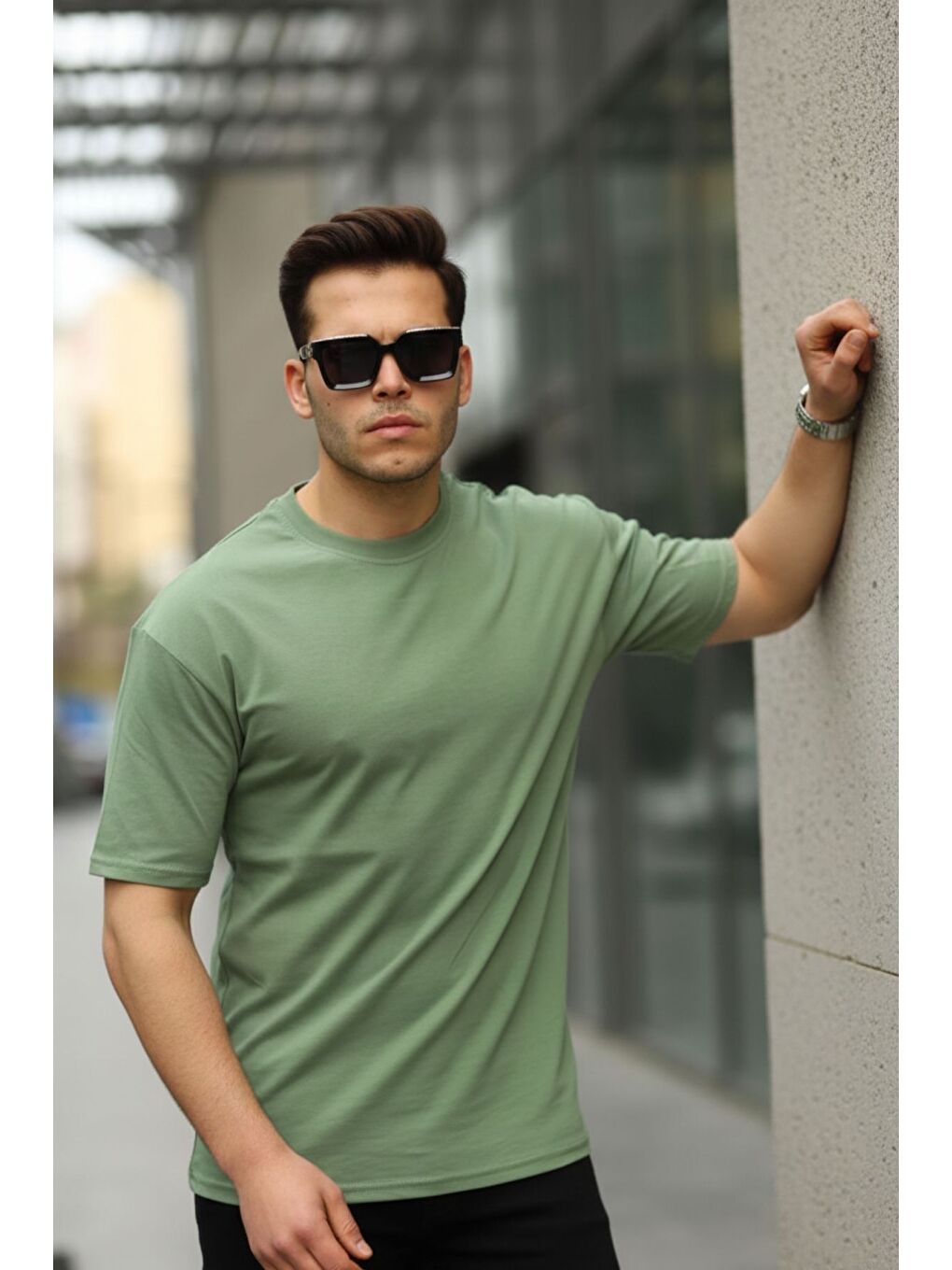 Haki Erkek Oversize Baskısız Tişört-2