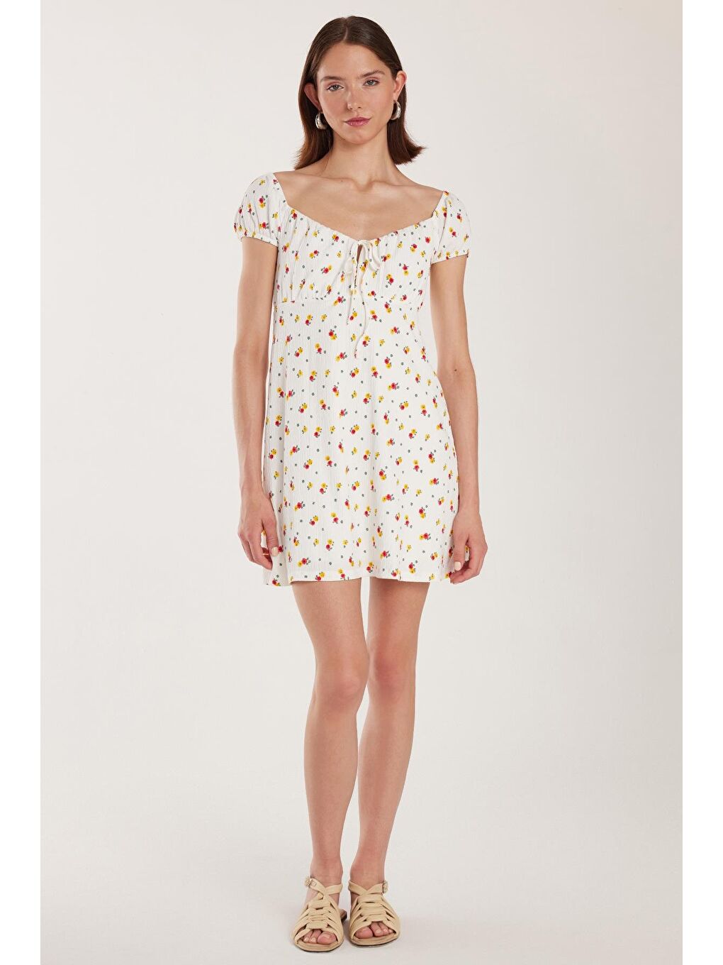 Lila Kadın Standart Fit Bağlama Detaylı Gofre Kare Yaka Mini Elbise-3