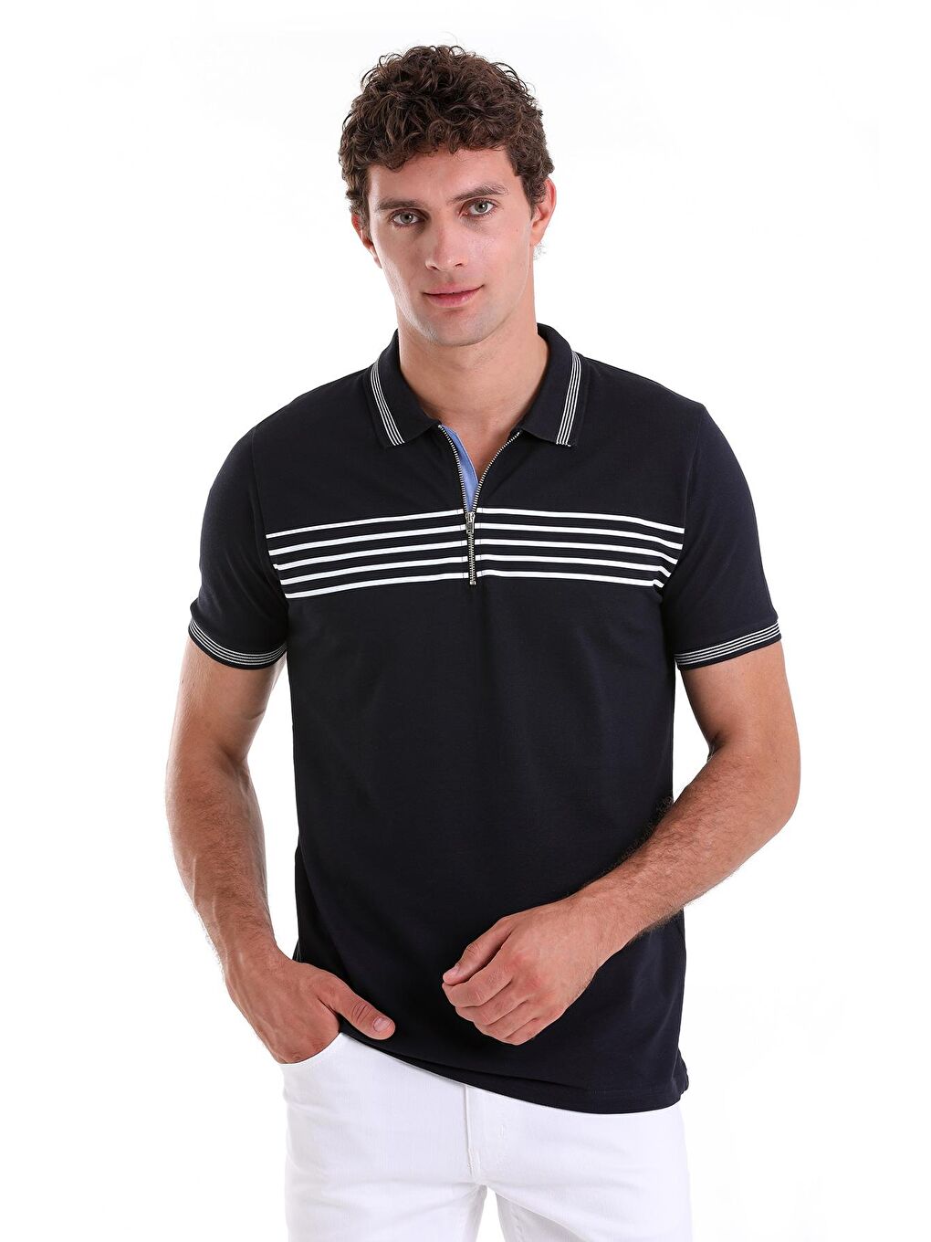 Lacivert Regular Fit Çizgili 100% Pamuk Polo Yaka Tişört