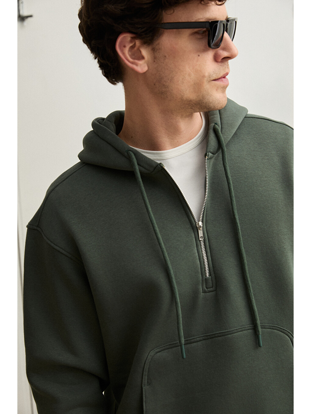 Justus Erkek Kapüşonlu Kanguru Cepli Fermuar Yakalı Yeşil Sweatshirt-1