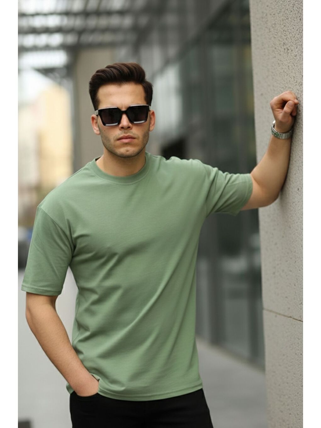 Haki Erkek Oversize Baskısız Tişört-3