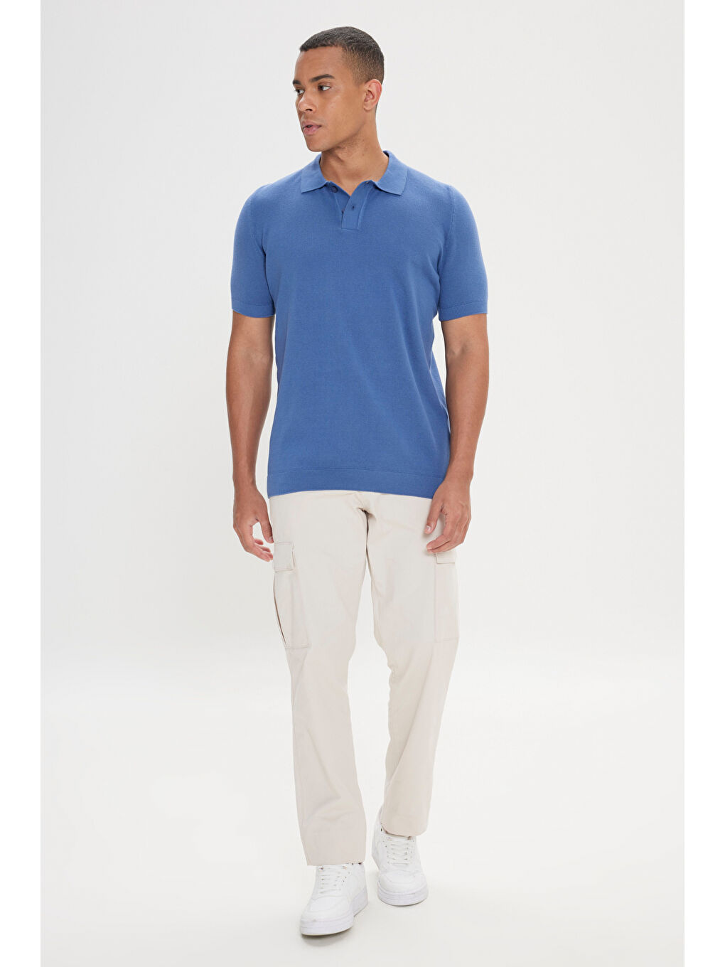 Erkek Lacivert Standart Fit Normal Kesim Polo Yaka %100 Pamuk Desenli Kısa Kollu Triko Tişört-1