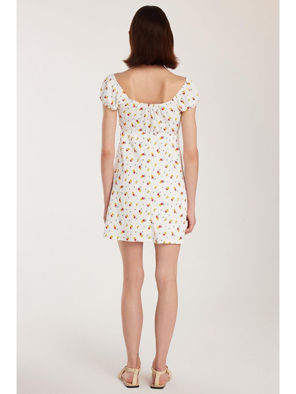 Lila Kadın Standart Fit Bağlama Detaylı Gofre Kare Yaka Mini Elbise-4