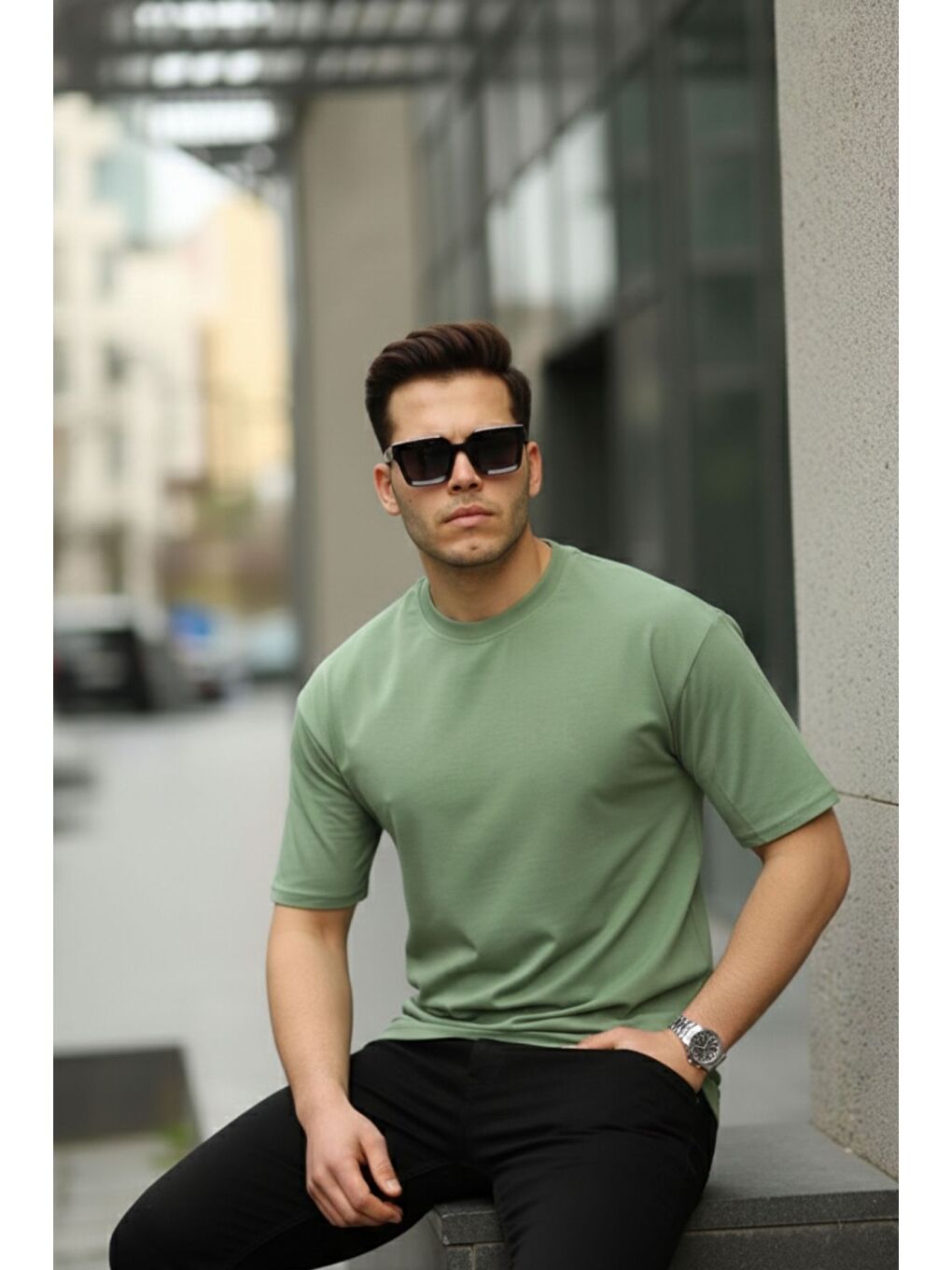 Haki Erkek Oversize Baskısız Tişört-4