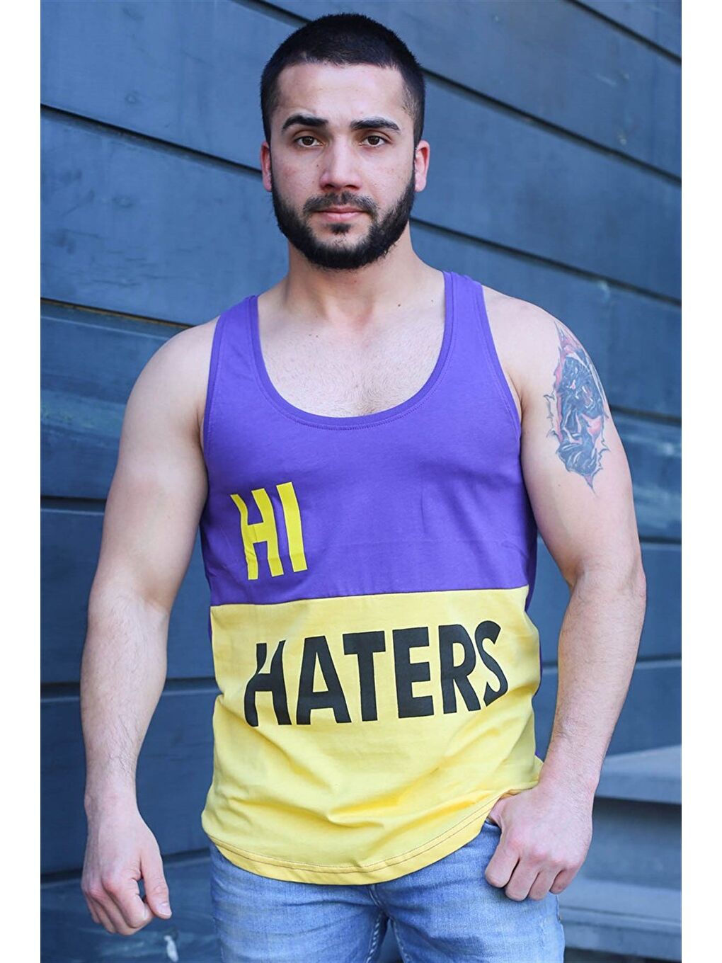 Renk Bloklu Baskılı Mor %100 Pamuk Kolsuz Tişört 3050