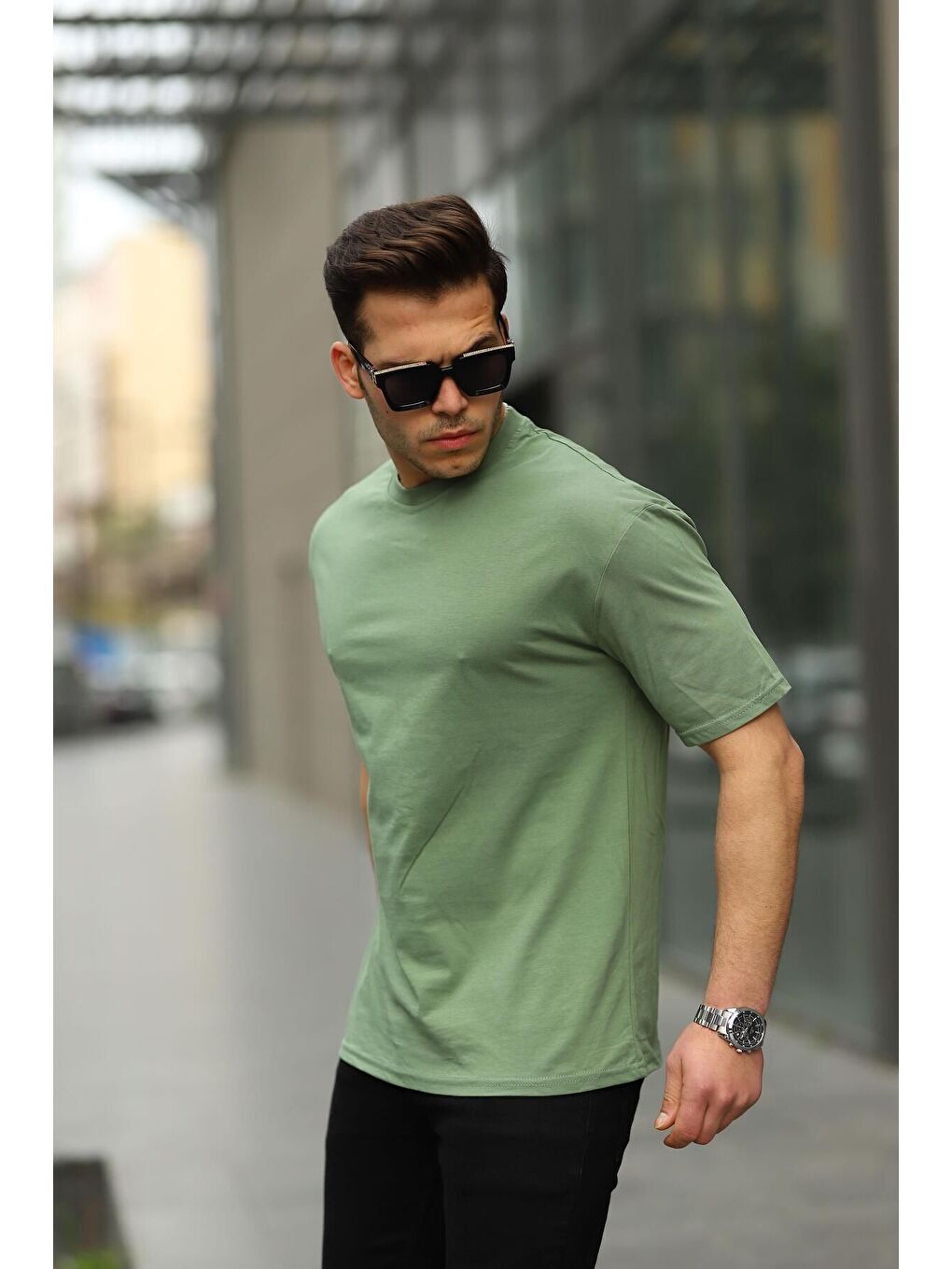 Haki Erkek Oversize Baskısız Tişört-5