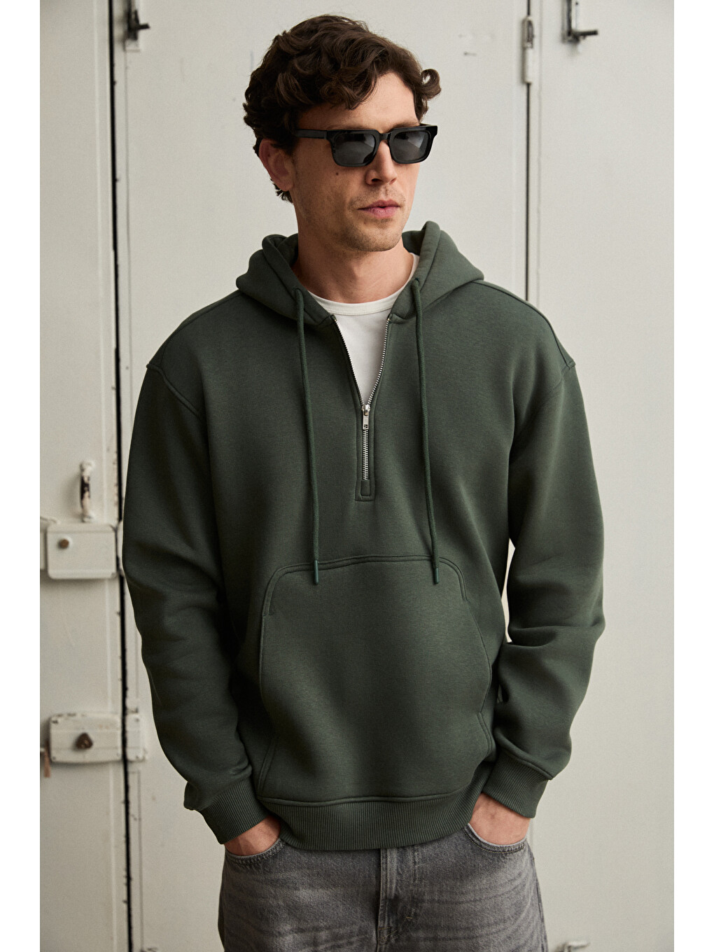 Justus Erkek Kapüşonlu Kanguru Cepli Fermuar Yakalı Yeşil Sweatshirt-2