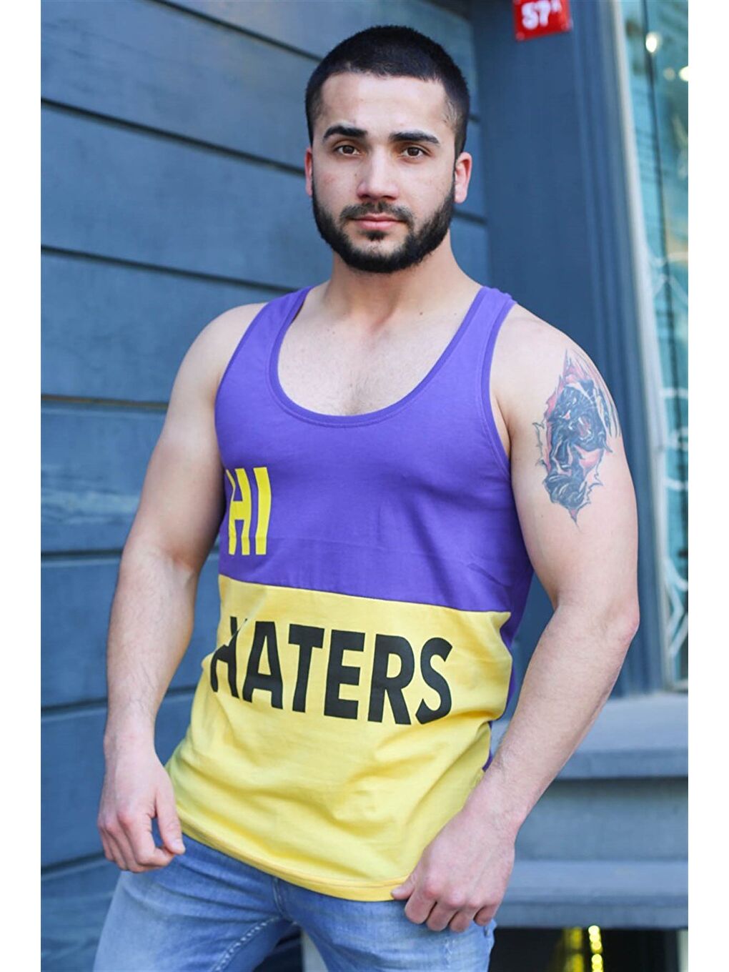 Renk Bloklu Baskılı Mor %100 Pamuk Kolsuz Tişört 3050-1