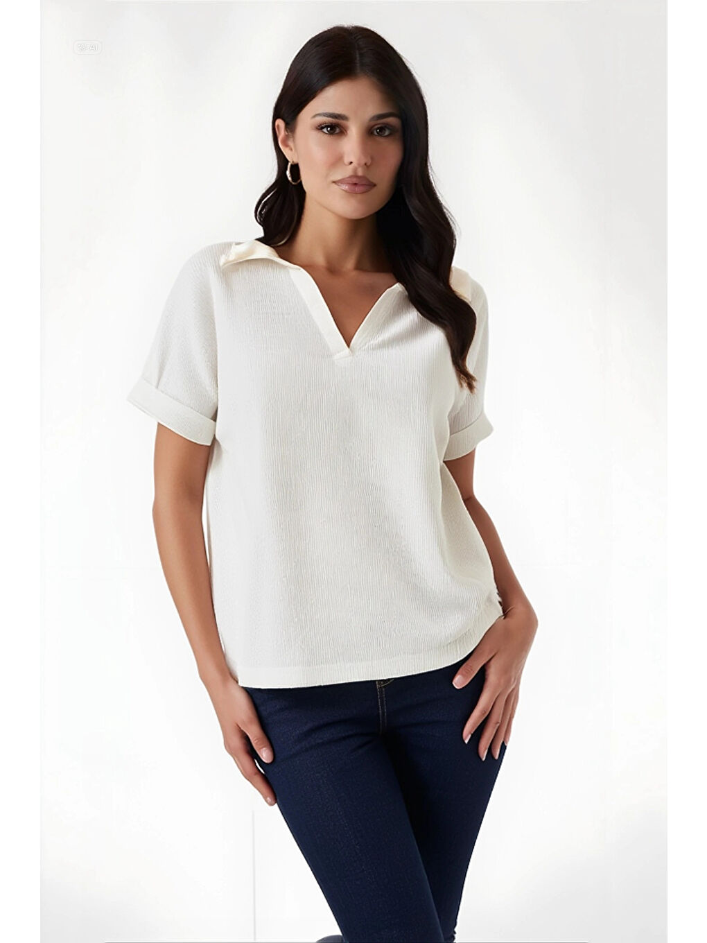 Kadın Ekru Polo Yaka Geniş Kesim Örme Bluz HZL24S-BD104861-2