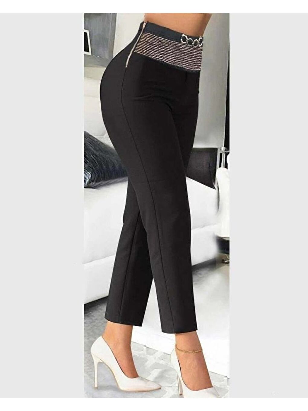Siyah Kadın Yüksek Bel önden Taşlı Ve Tokalı Ithal Krep Pantolon
