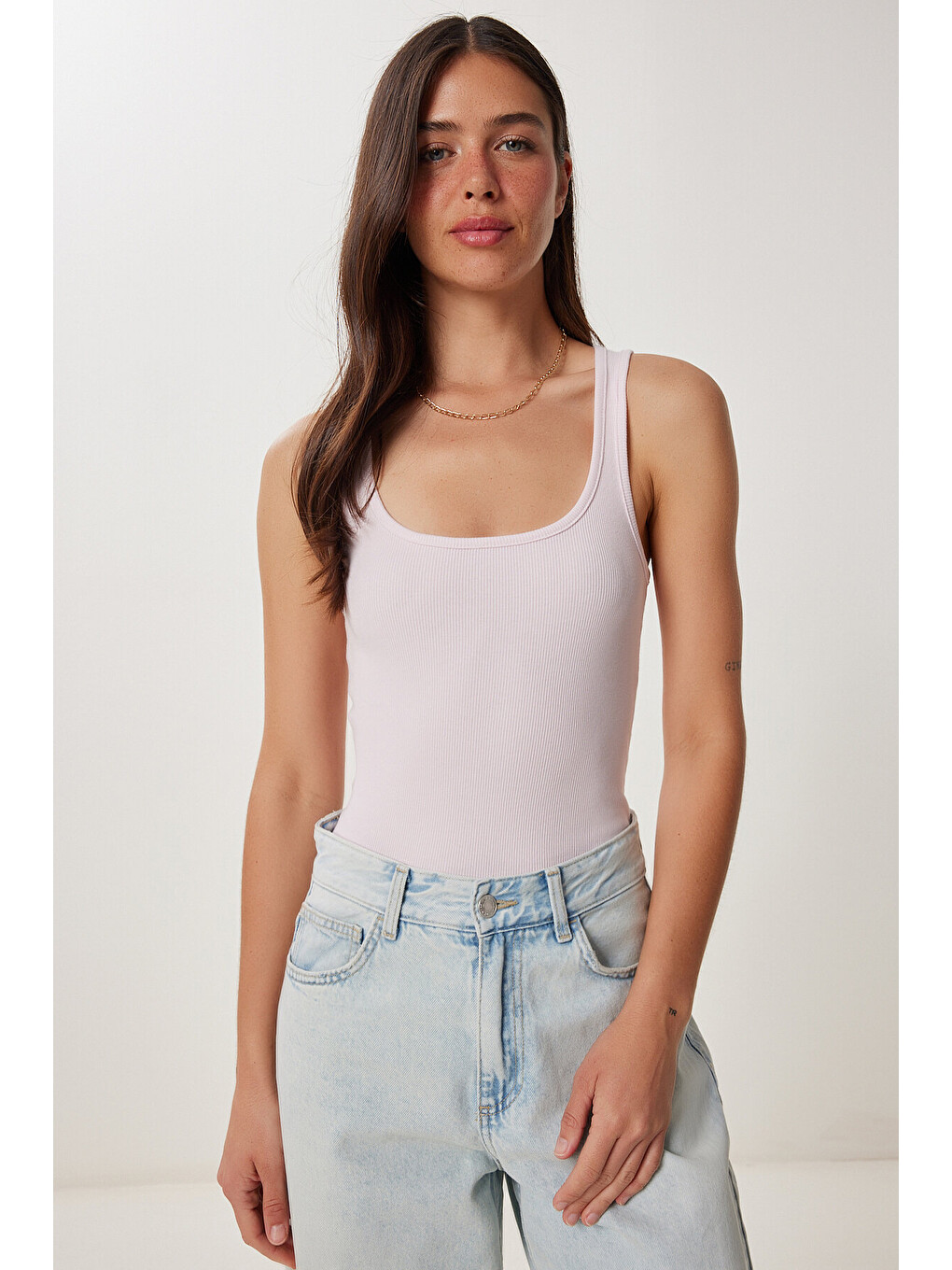 Pembe Basic Esnek Fitilli Örme Atlet ŞEKER PEMBE LUS0163-1