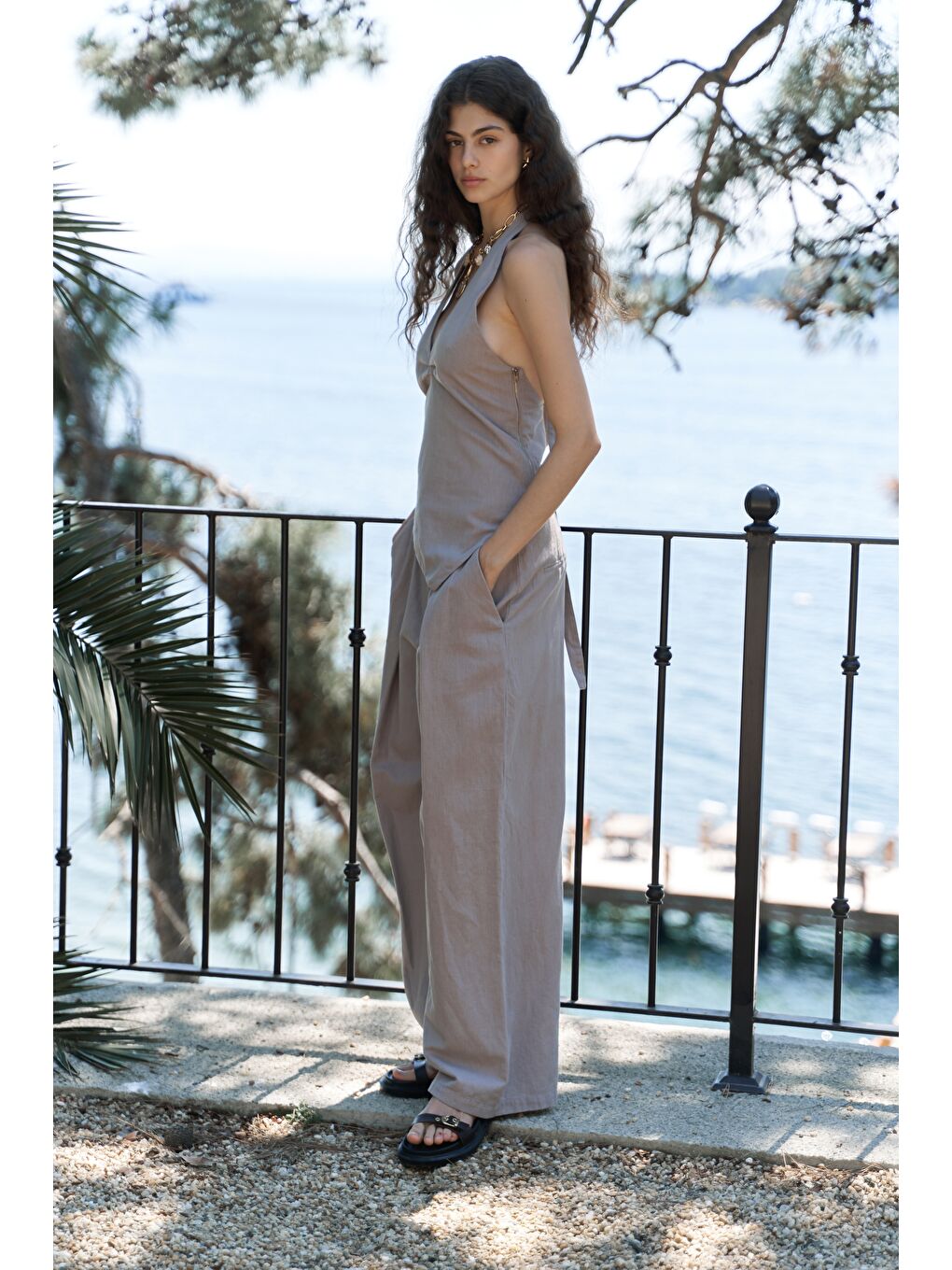 Alidah Pileli Gri Bol Paça Pantolon-1