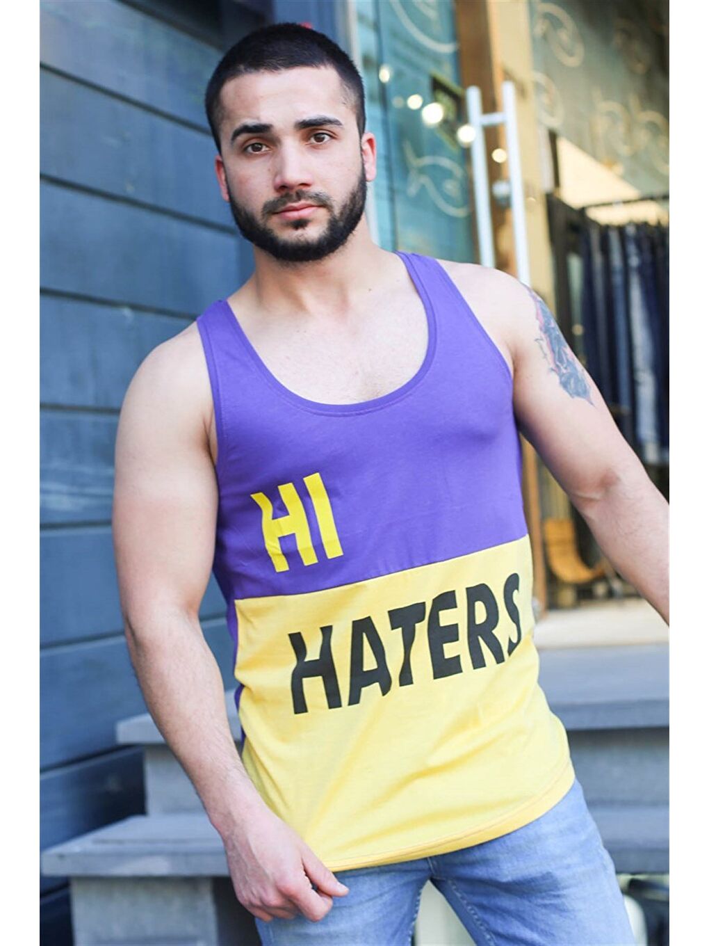 Renk Bloklu Baskılı Mor %100 Pamuk Kolsuz Tişört 3050-2