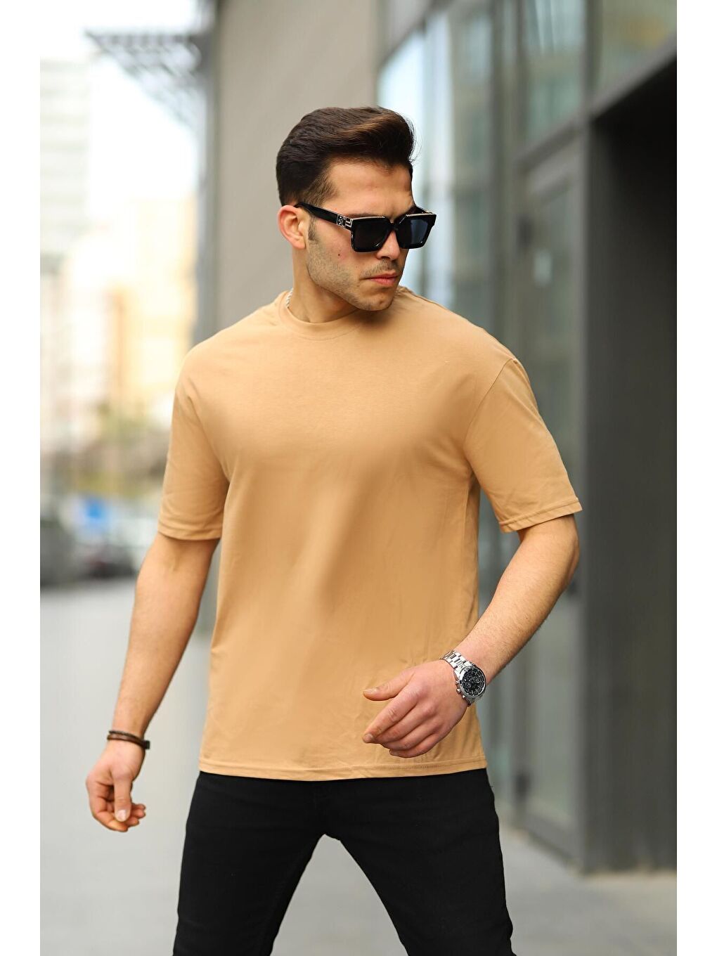 Kahverengi Erkek Oversize Baskısız Tişört