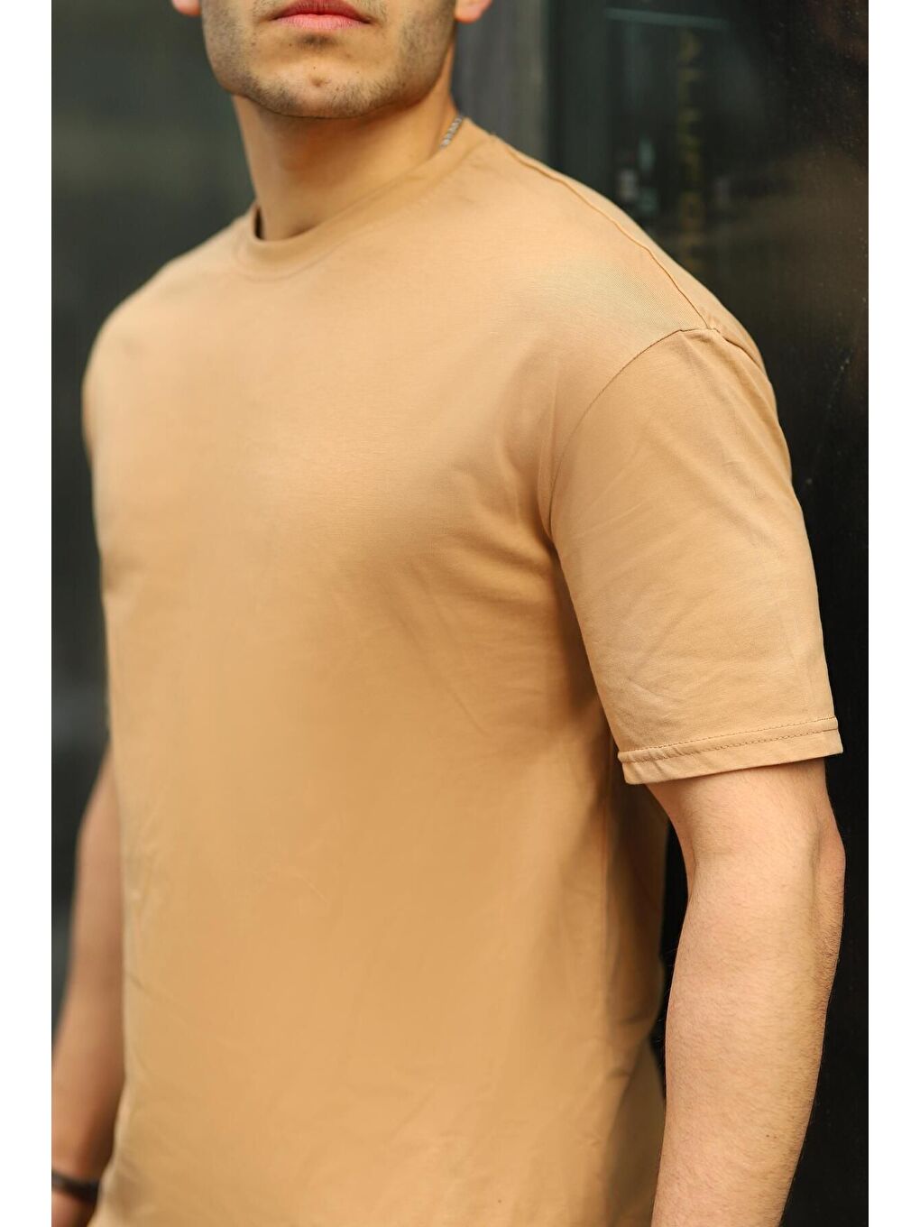 Kahverengi Erkek Oversize Baskısız Tişört-1