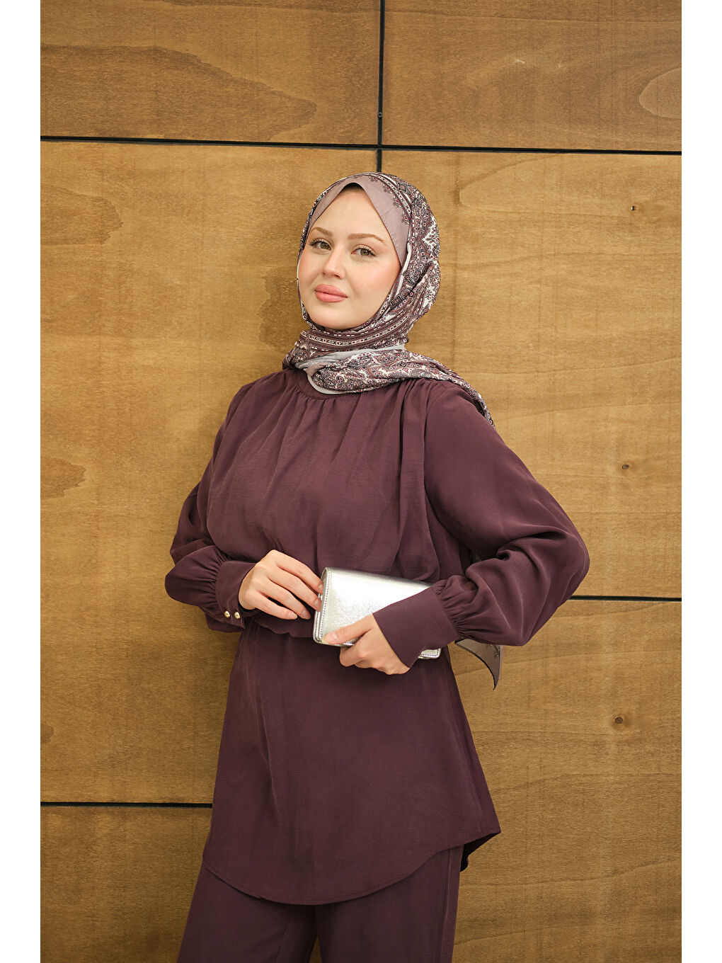 Kadın Hakim Yaka Balon Bel Volanlı Slimfit Tencele Takım Mürdüm-4