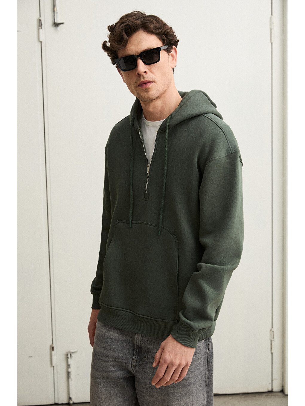 Justus Erkek Kapüşonlu Kanguru Cepli Fermuar Yakalı Yeşil Sweatshirt-3