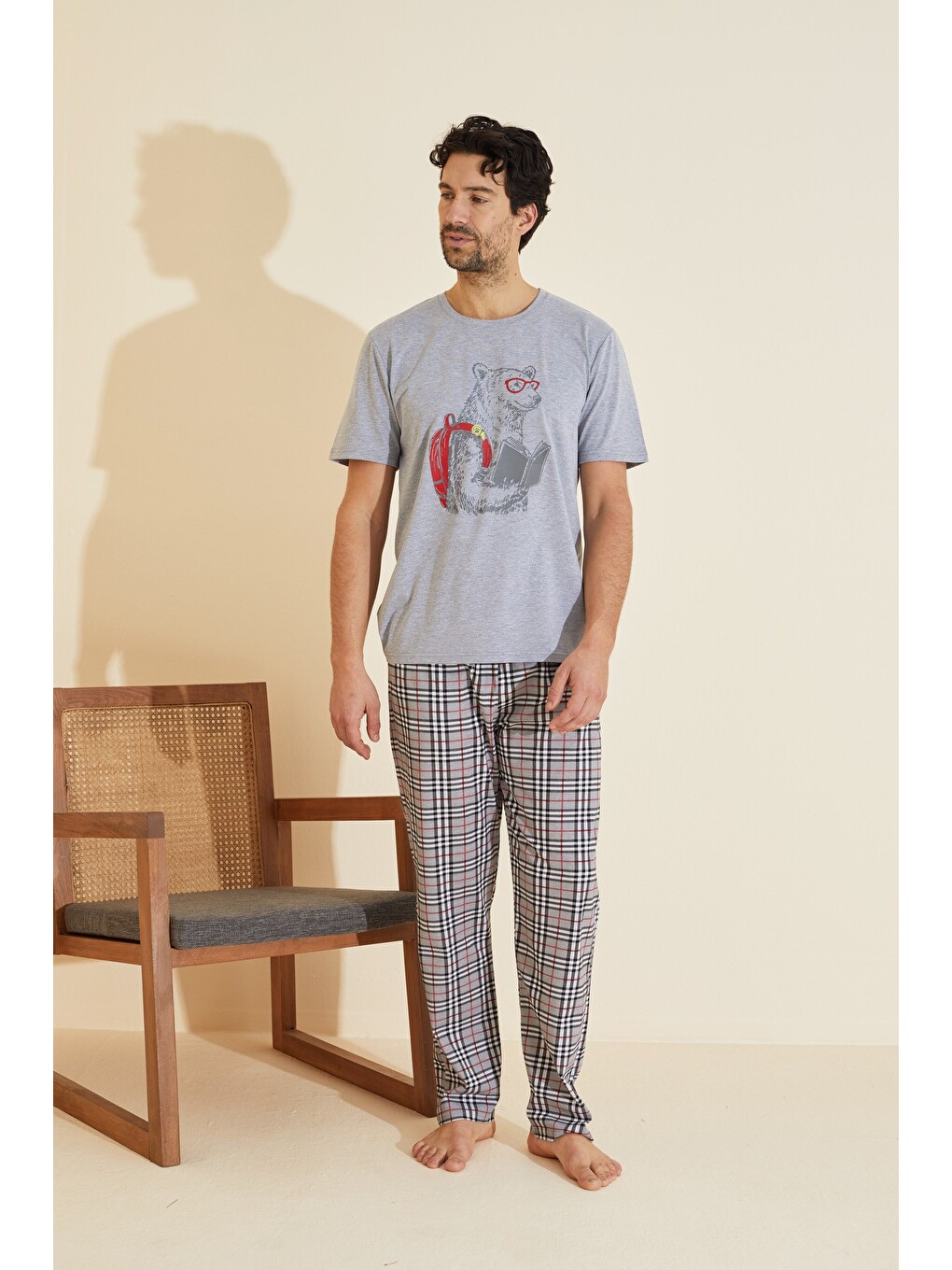 Gri Bisiklet Yaka Örme Pijama Takım 25109832-1