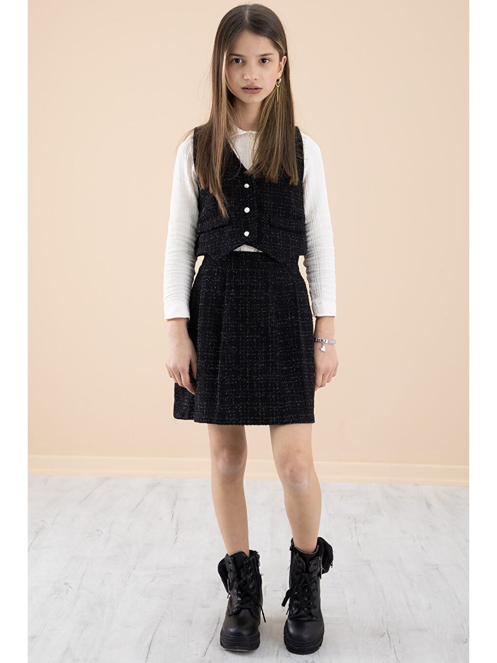 Siyah Simli Yelekli Etekli Kız Çocuk Gömlekli 3lü Takım 20233-1