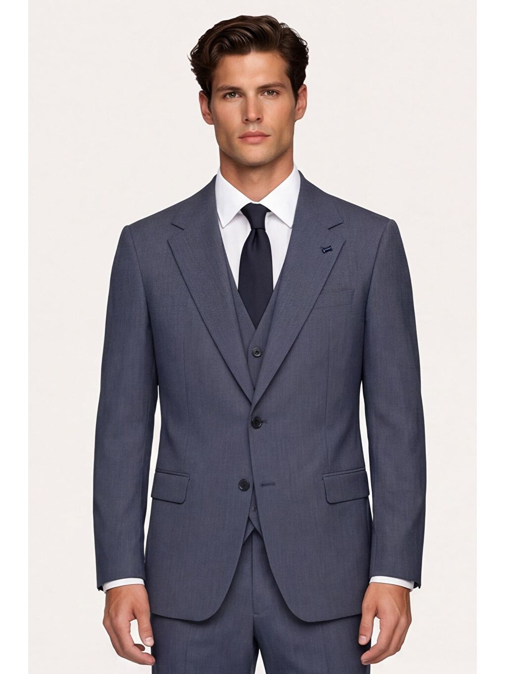 Giotelli Erkek Koyu Lacivert Dar Kesim Slim Fit Pamuklu Dokuma Çizgili 8 Drop Yelekli Takım Elbise