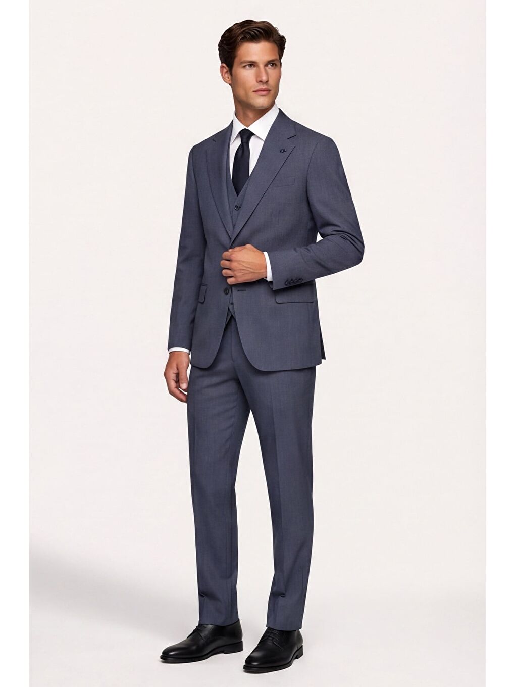 Giotelli Erkek Koyu Lacivert Dar Kesim Slim Fit Pamuklu Dokuma Çizgili 8 Drop Yelekli Takım Elbise-1