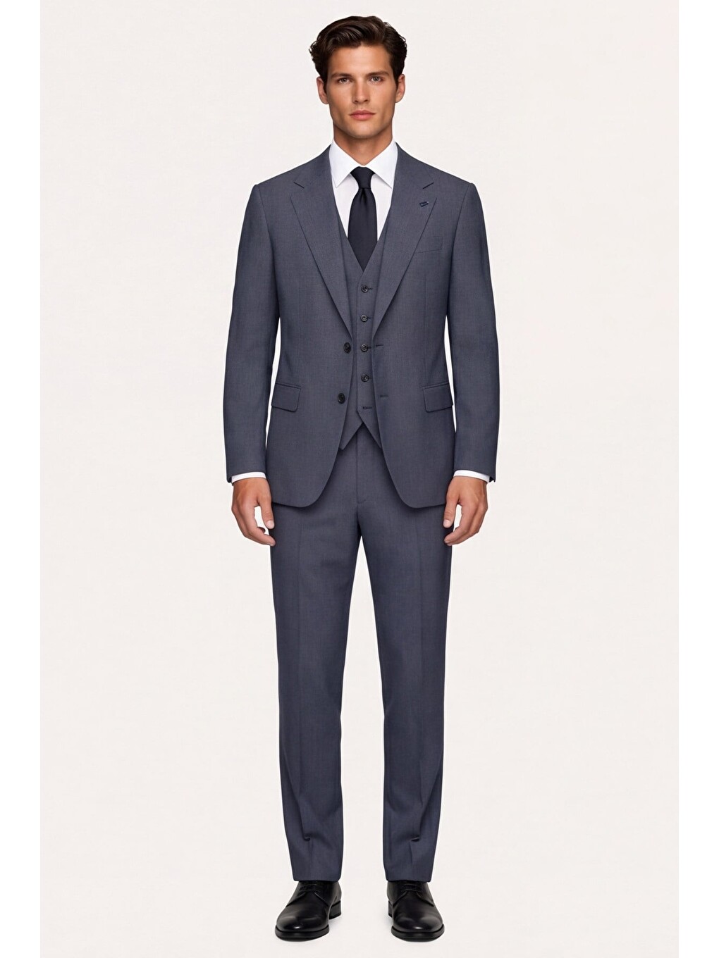 Giotelli Erkek Koyu Lacivert Dar Kesim Slim Fit Pamuklu Dokuma Çizgili 8 Drop Yelekli Takım Elbise-3