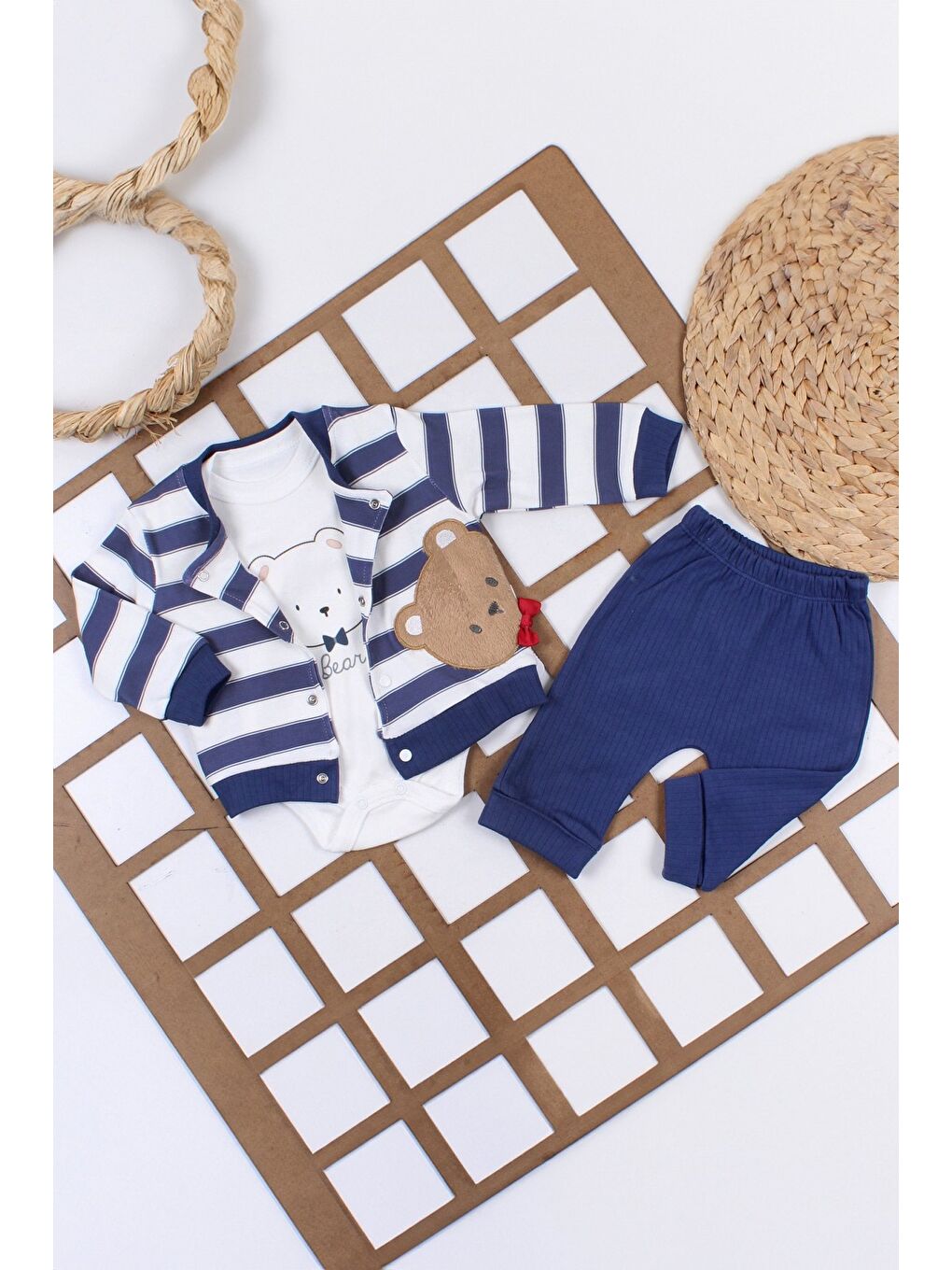 Lacivert %100 Pamuk Çizgili Ayıcık Nakışlı 3 Lü Erkek Çocuk Takım-1