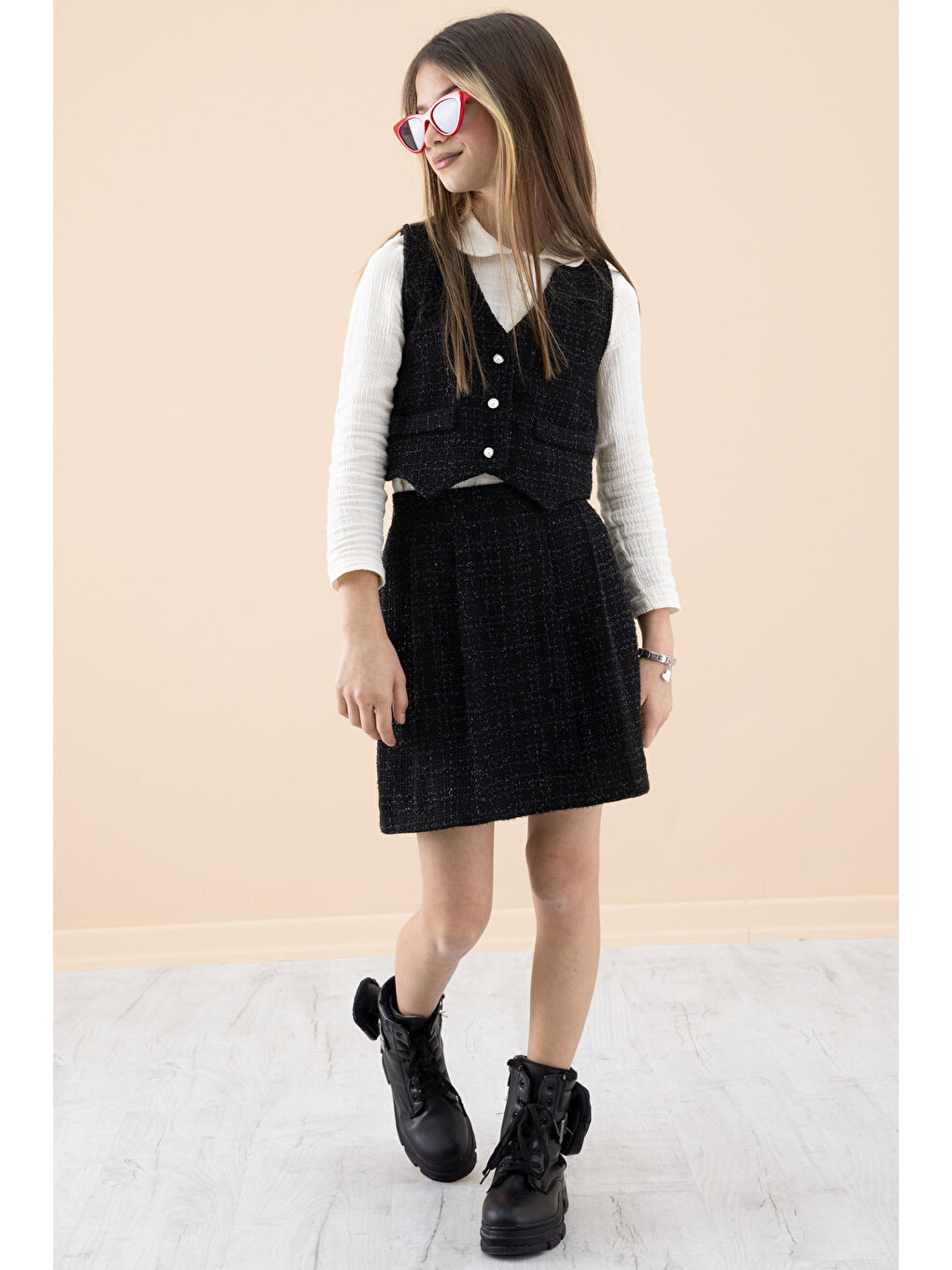 Siyah Simli Yelekli Etekli Kız Çocuk Gömlekli 3lü Takım 20233-3