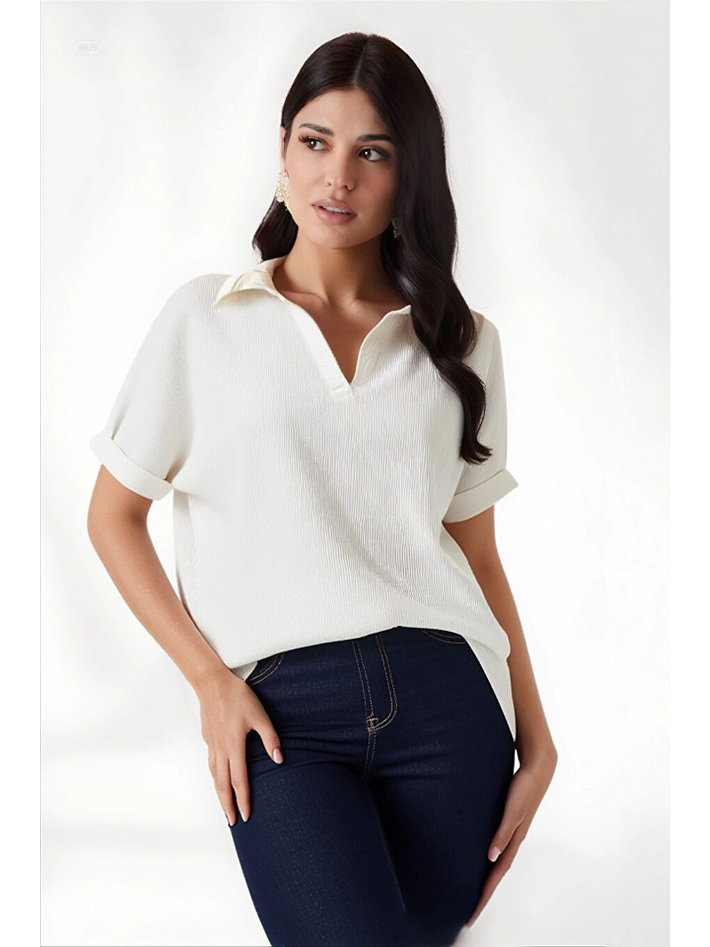 Kadın Ekru Polo Yaka Geniş Kesim Örme Bluz HZL24S-BD104861-3