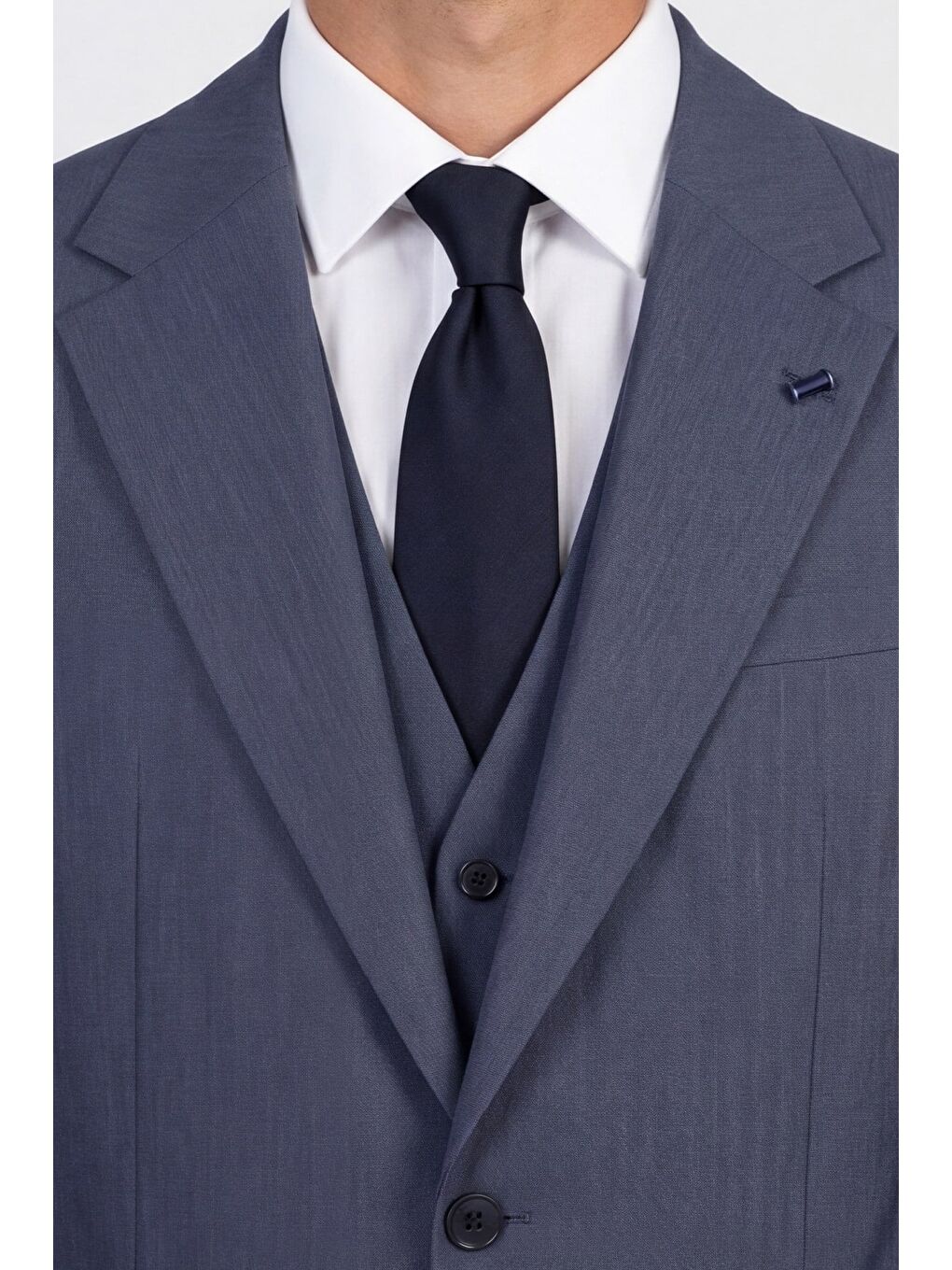 Giotelli Erkek Koyu Lacivert Dar Kesim Slim Fit Pamuklu Dokuma Çizgili 8 Drop Yelekli Takım Elbise-4