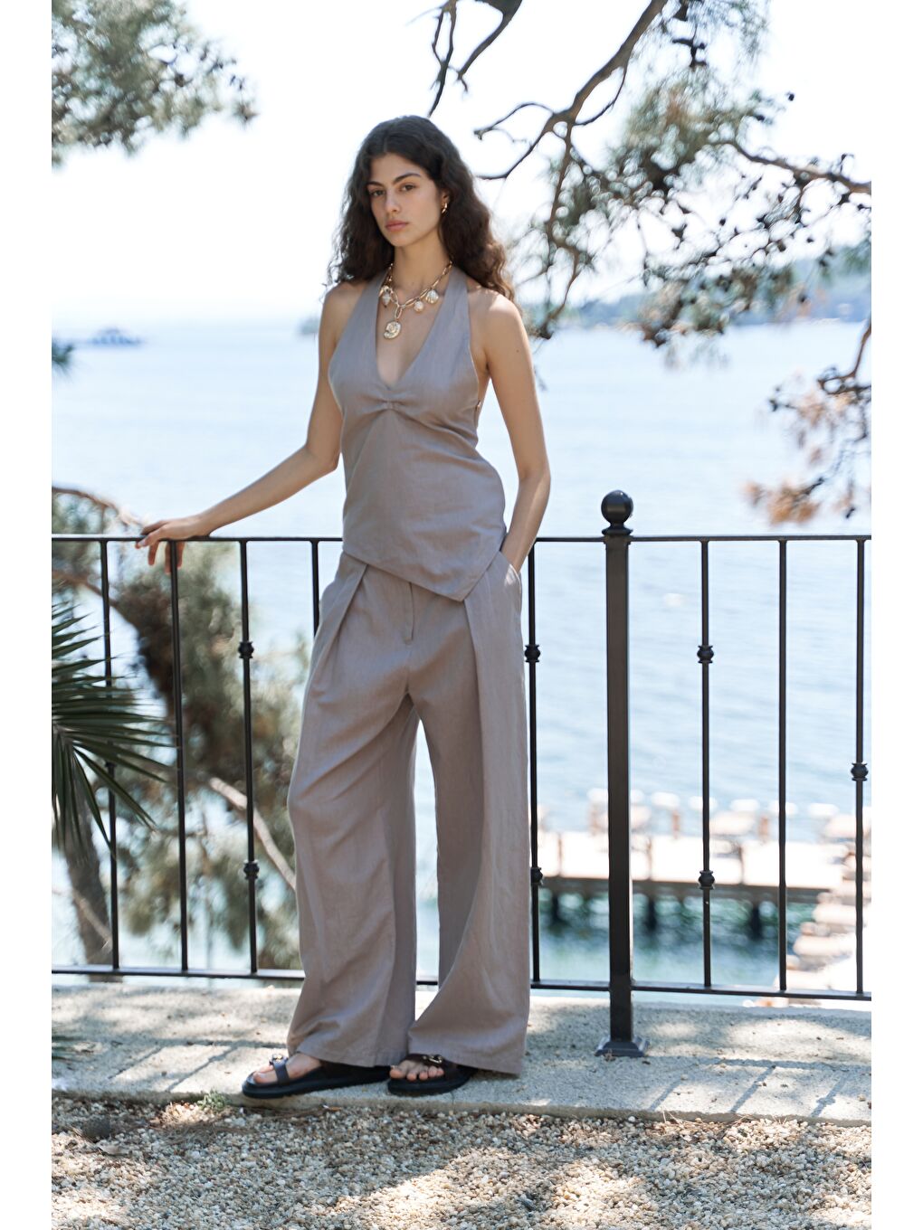 Alidah Pileli Gri Bol Paça Pantolon-2