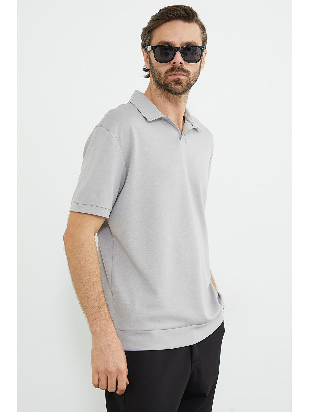 Gri Basic Polo Yaka Modal Tişört-1