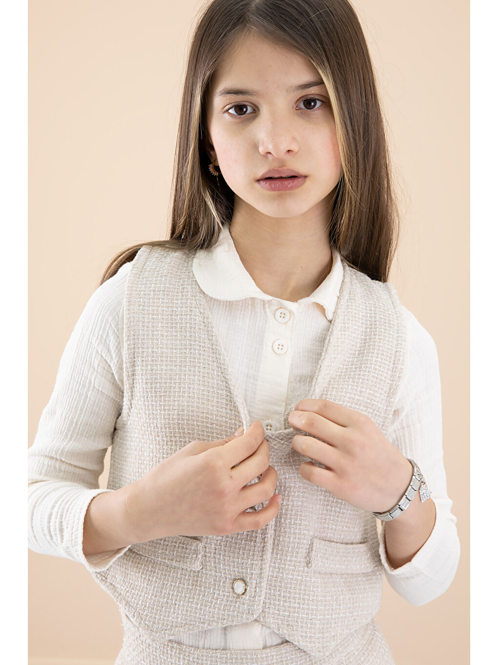 Ekru Krem Simli Yelekli Etekli Kız Çocuk Gömlekli 3lü Takım 20235-1