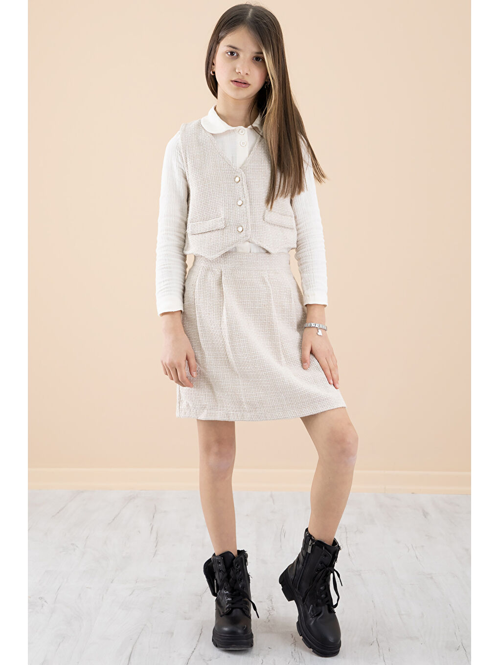 Ekru Krem Simli Yelekli Etekli Kız Çocuk Gömlekli 3lü Takım 20235-2