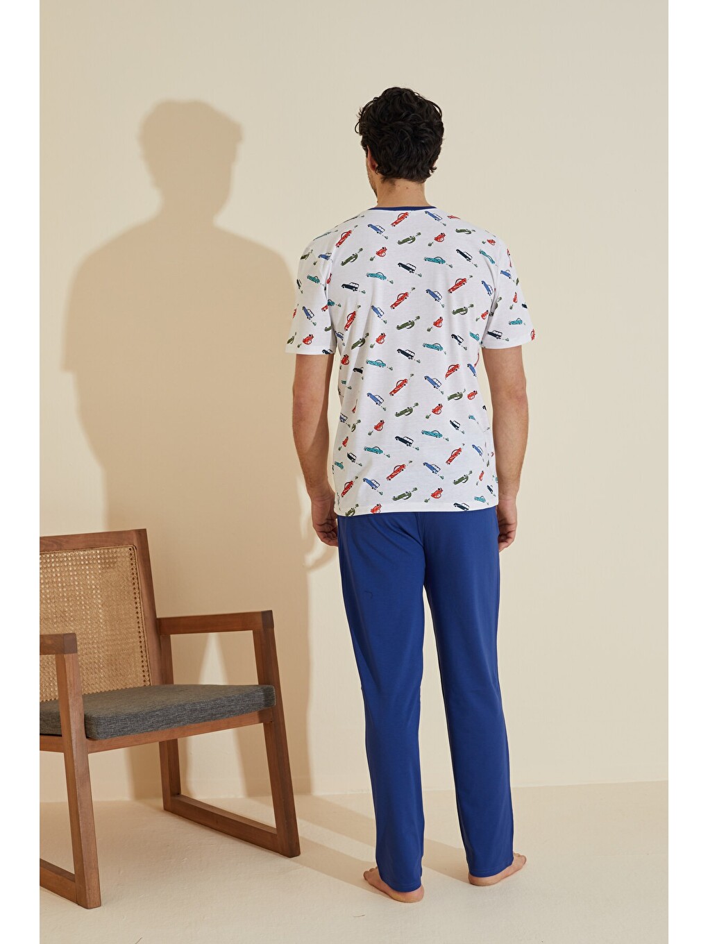 Beyaz Bisiklet Yaka Baskılı Örme Pijama Takım 25109830-2
