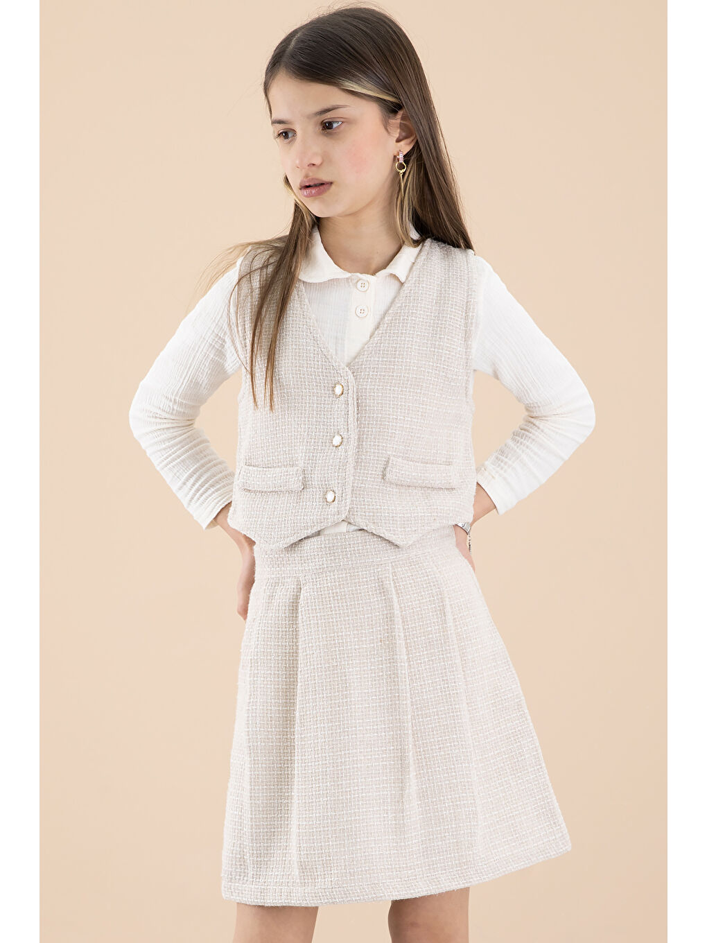 Ekru Krem Simli Yelekli Etekli Kız Çocuk Gömlekli 3lü Takım 20235-3