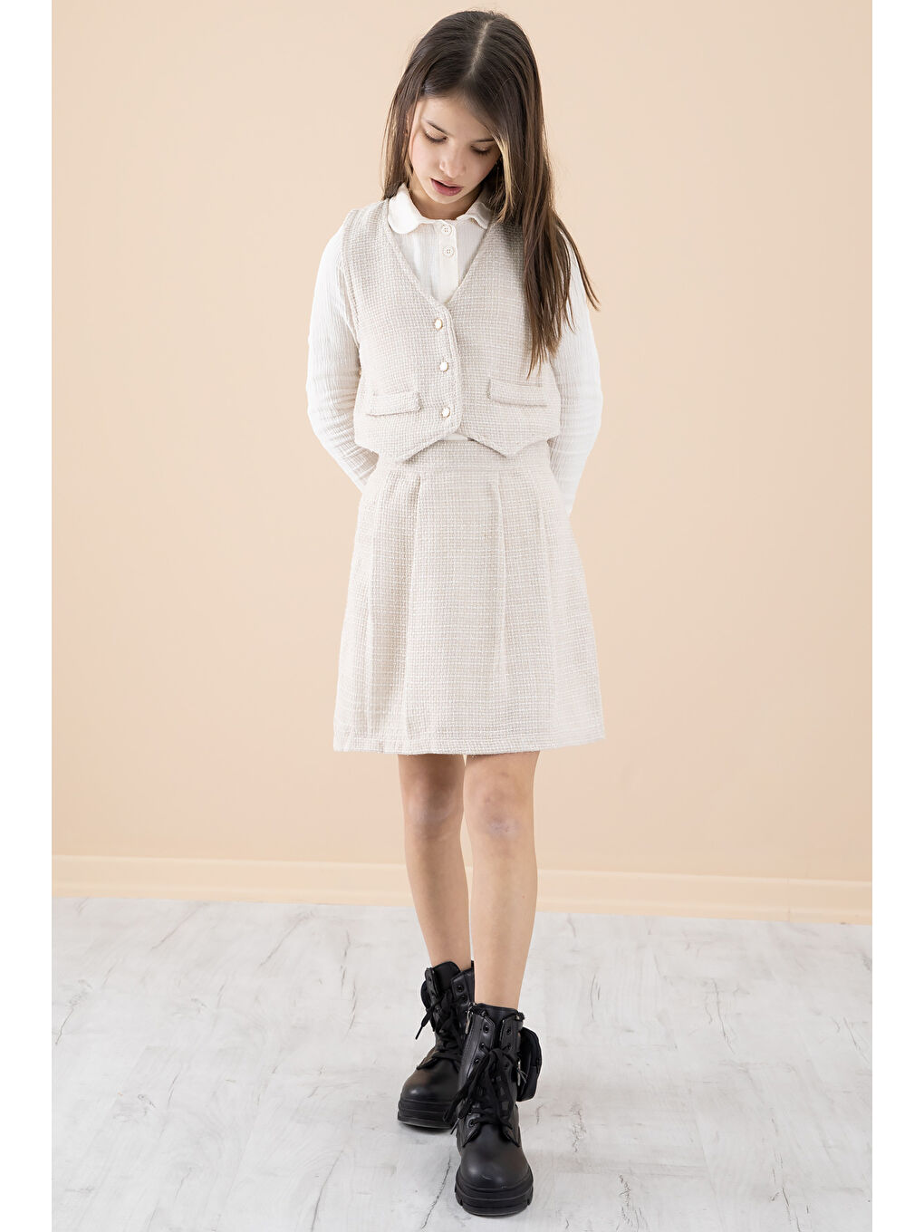 Ekru Krem Simli Yelekli Etekli Kız Çocuk Gömlekli 3lü Takım 20235-4