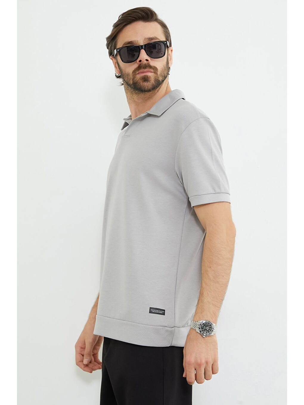 Gri Basic Polo Yaka Modal Tişört-3