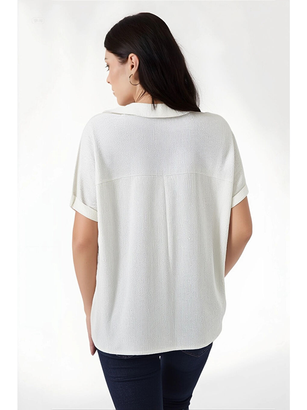 Kadın Ekru Polo Yaka Geniş Kesim Örme Bluz HZL24S-BD104861-4