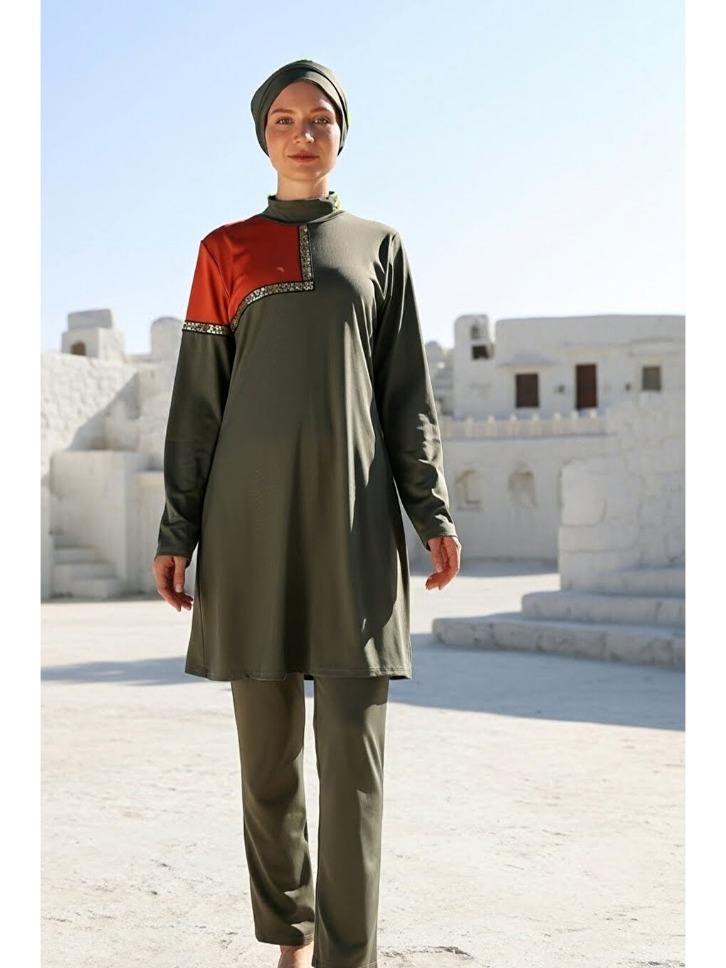Tam Kapalı Tesettür Mayo Haki M2108-1
