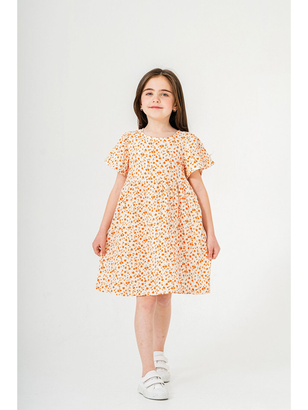 Turuncu Çiçek Desenli Kız Çocuk Müslin Elbise 3802-1