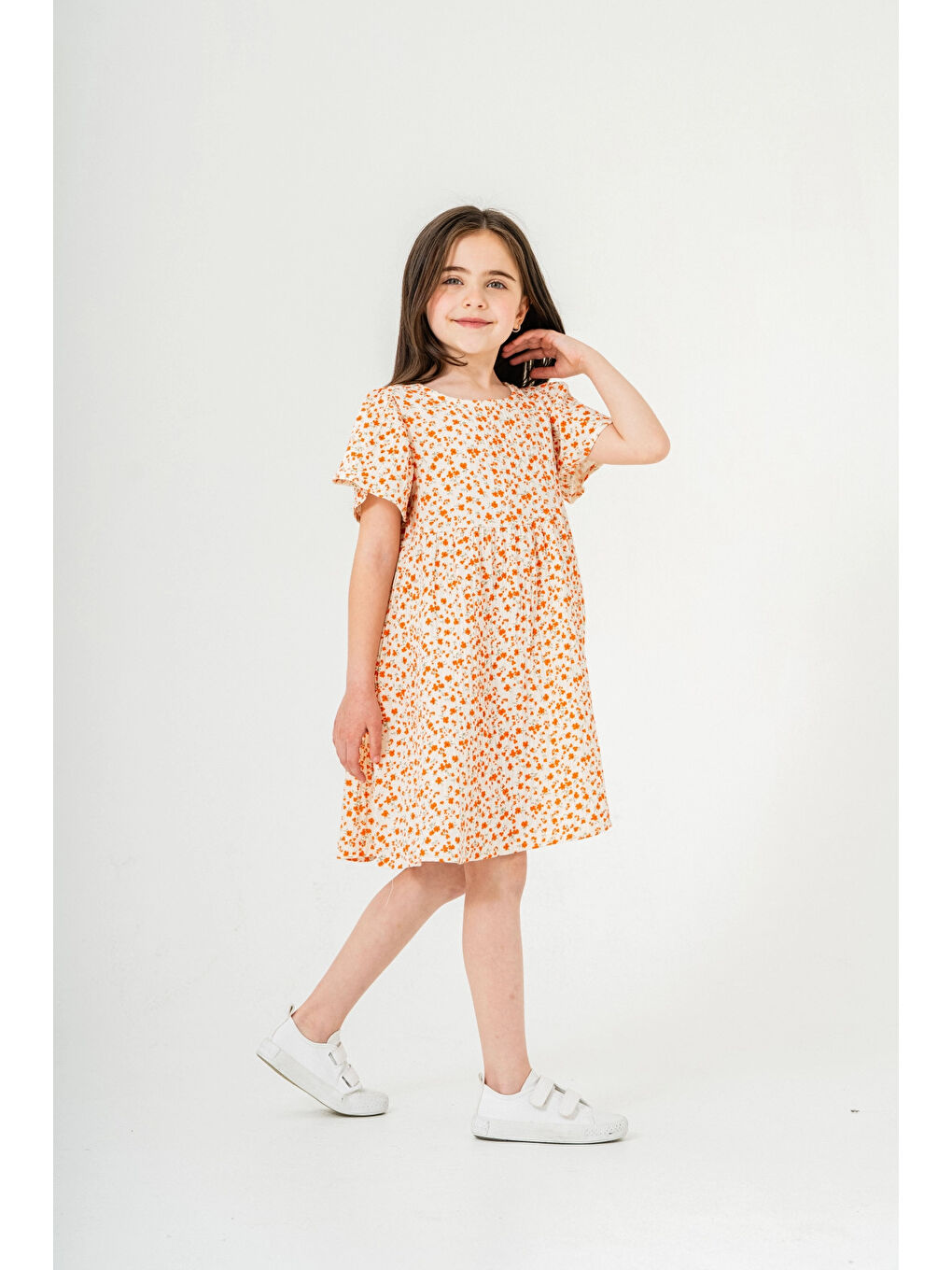 Turuncu Çiçek Desenli Kız Çocuk Müslin Elbise 3802-2