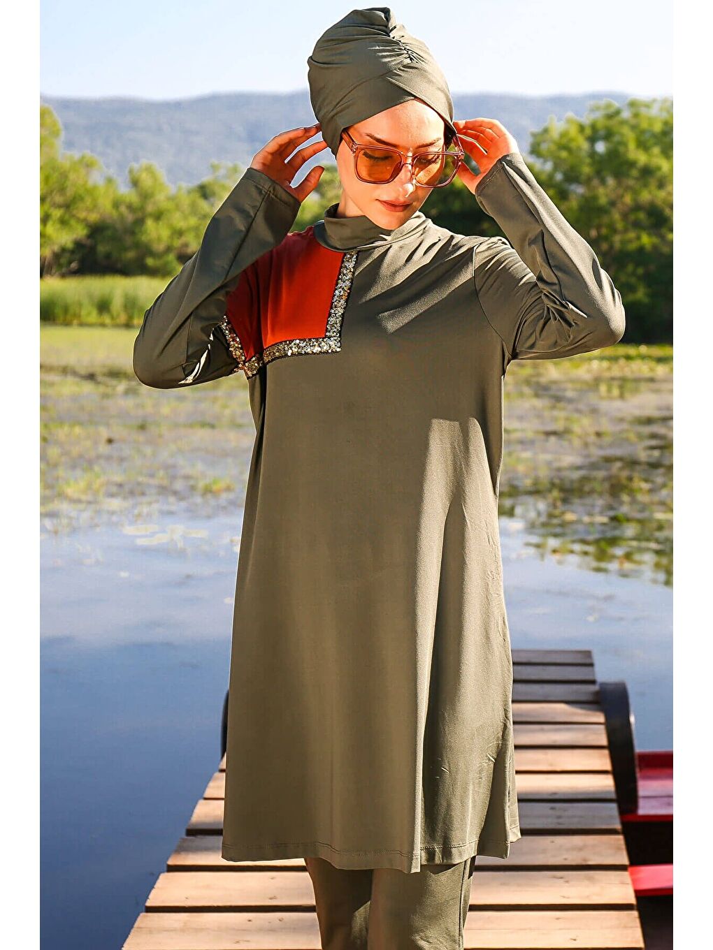 Tam Kapalı Tesettür Mayo Haki M2108-2