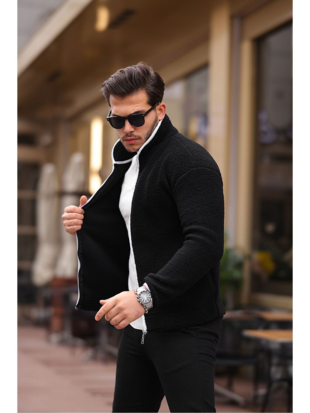 Siyah Yan Cepli Tam Fermuarlı Pelüş Sweatshirt-1
