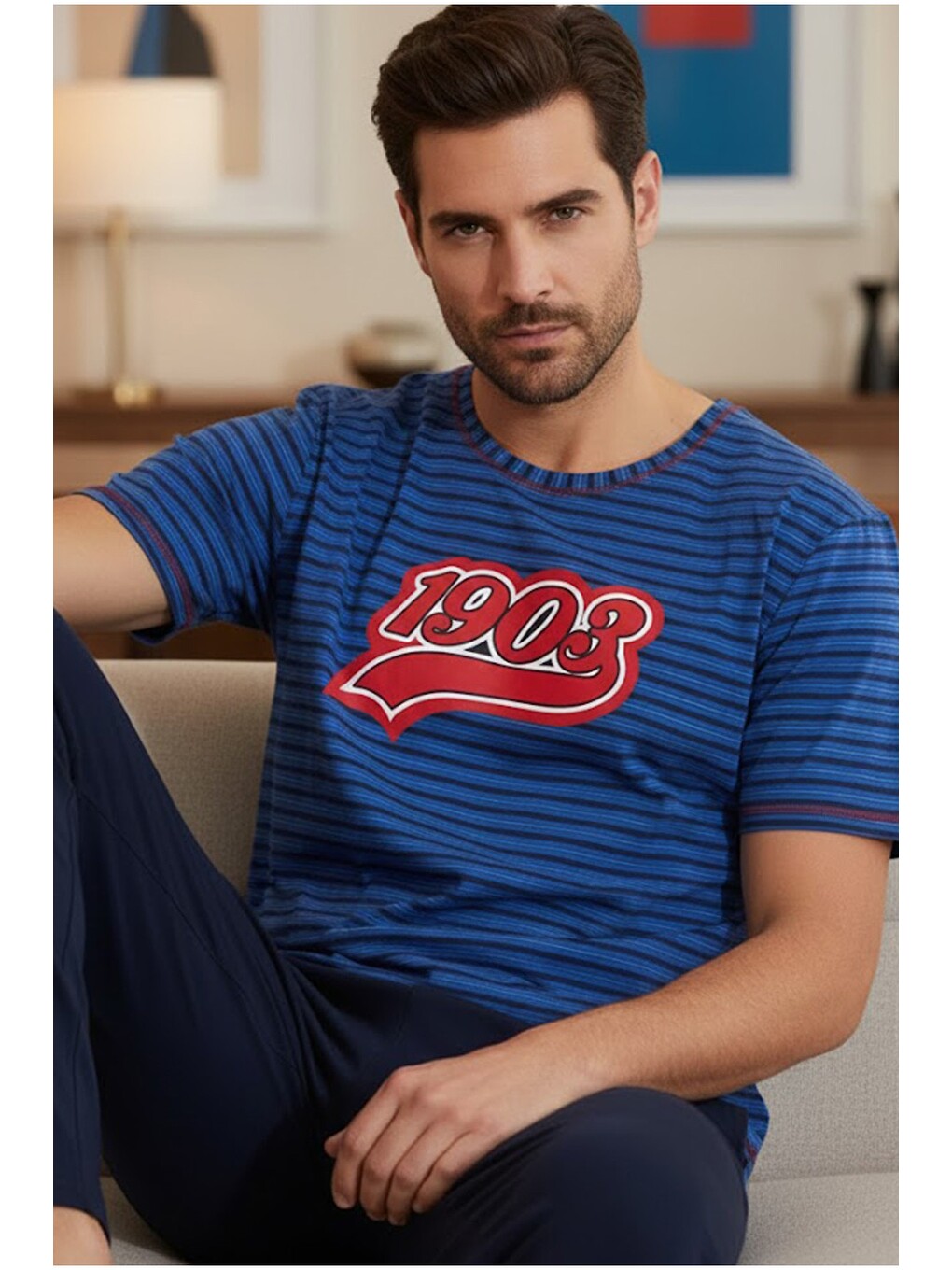 Lacivert Bisiklet Yaka Baskılı Örme Pijama Takım 25109829