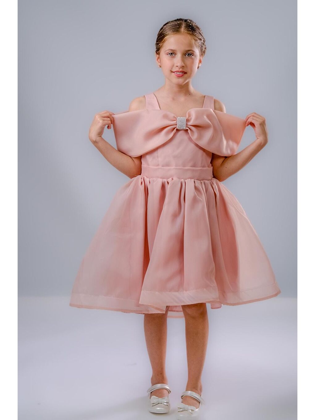 Pembe Kız Çocuk Taş Fiyonklu İsalon Elbise M00763