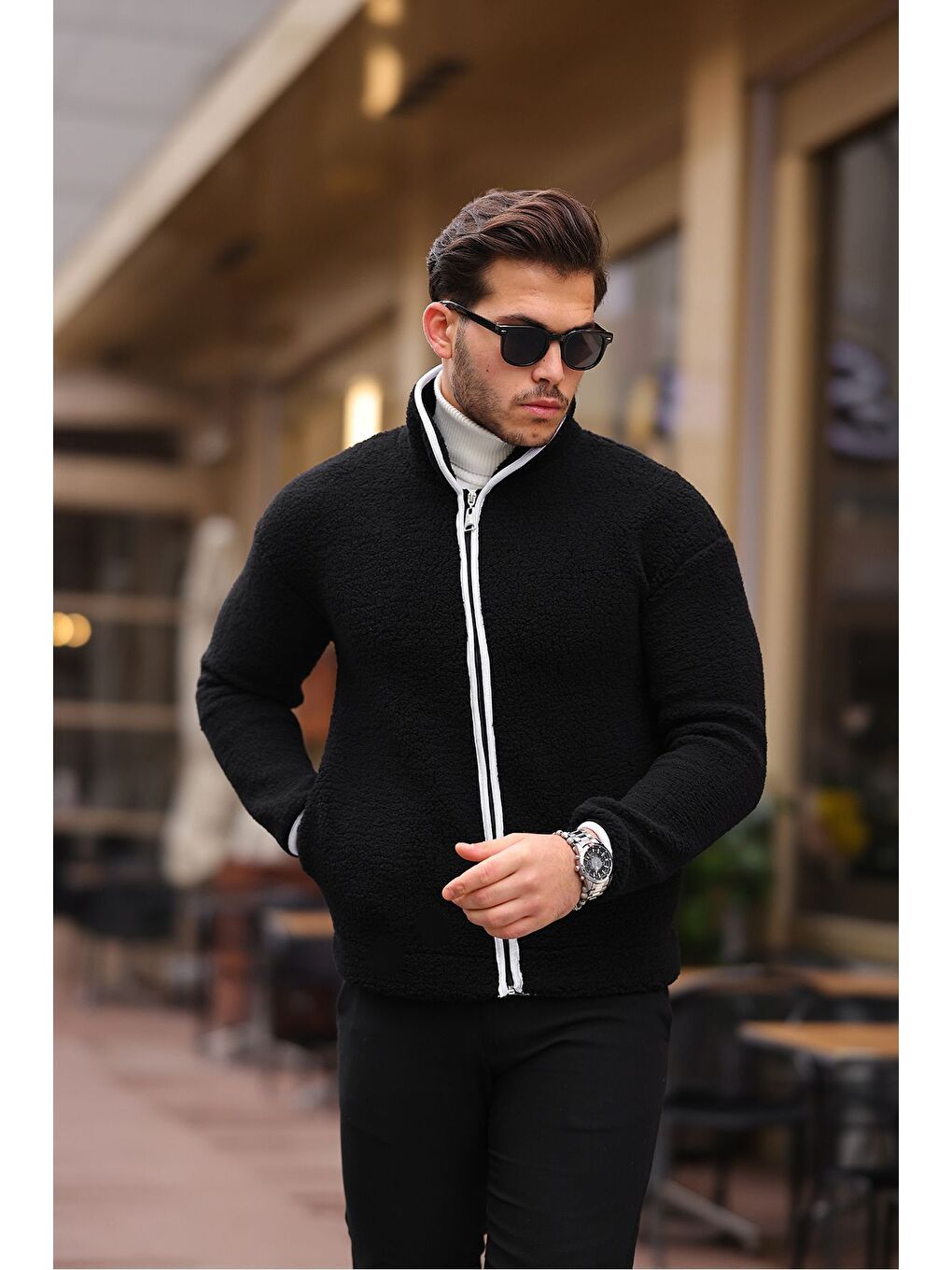 Siyah Yan Cepli Tam Fermuarlı Pelüş Sweatshirt-2