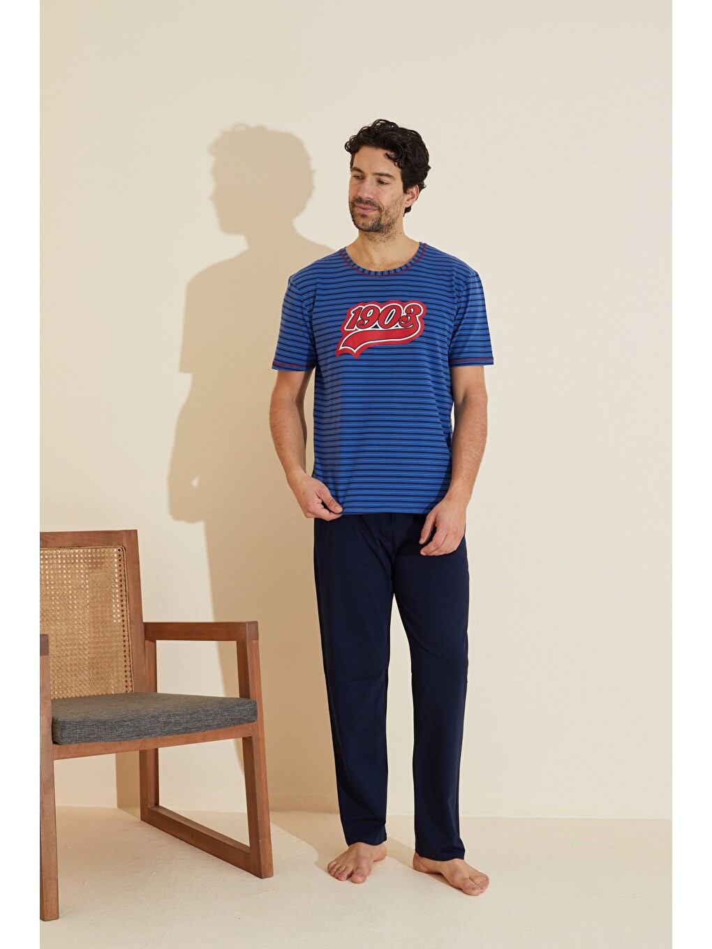 Lacivert Bisiklet Yaka Baskılı Örme Pijama Takım 25109829-1