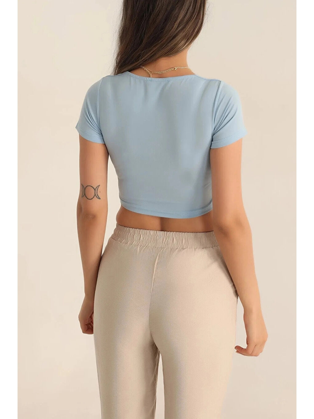 Kadın Buz Mavi Kare Yaka Ön Büzgülü Crop Bluz HZL23S-SND120151-3